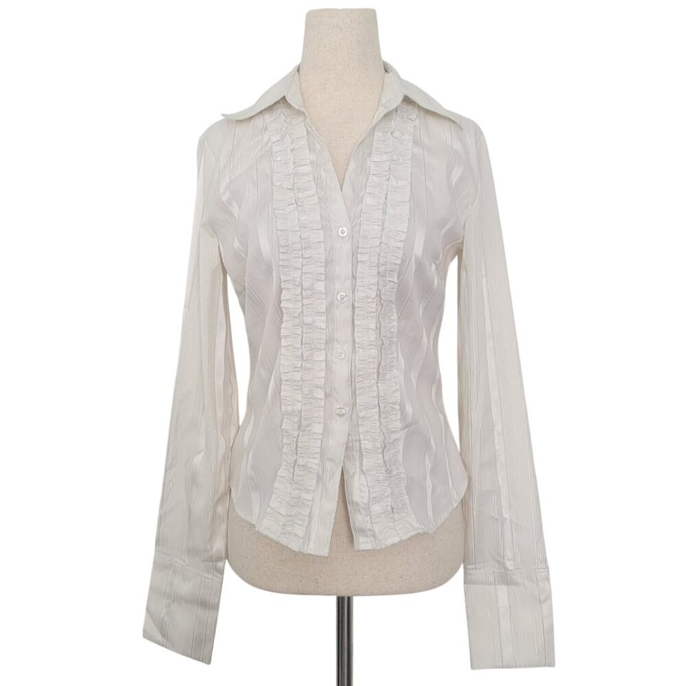 Y2k Metallic Pinstripe Ruffle Button Up Shirt Size M White Preppy Office Siren